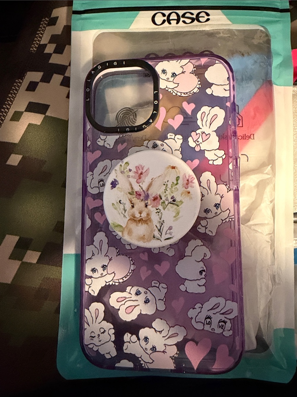 iPhone 14 Cute Purple Bunny Phone Case with Floral Pop Socket